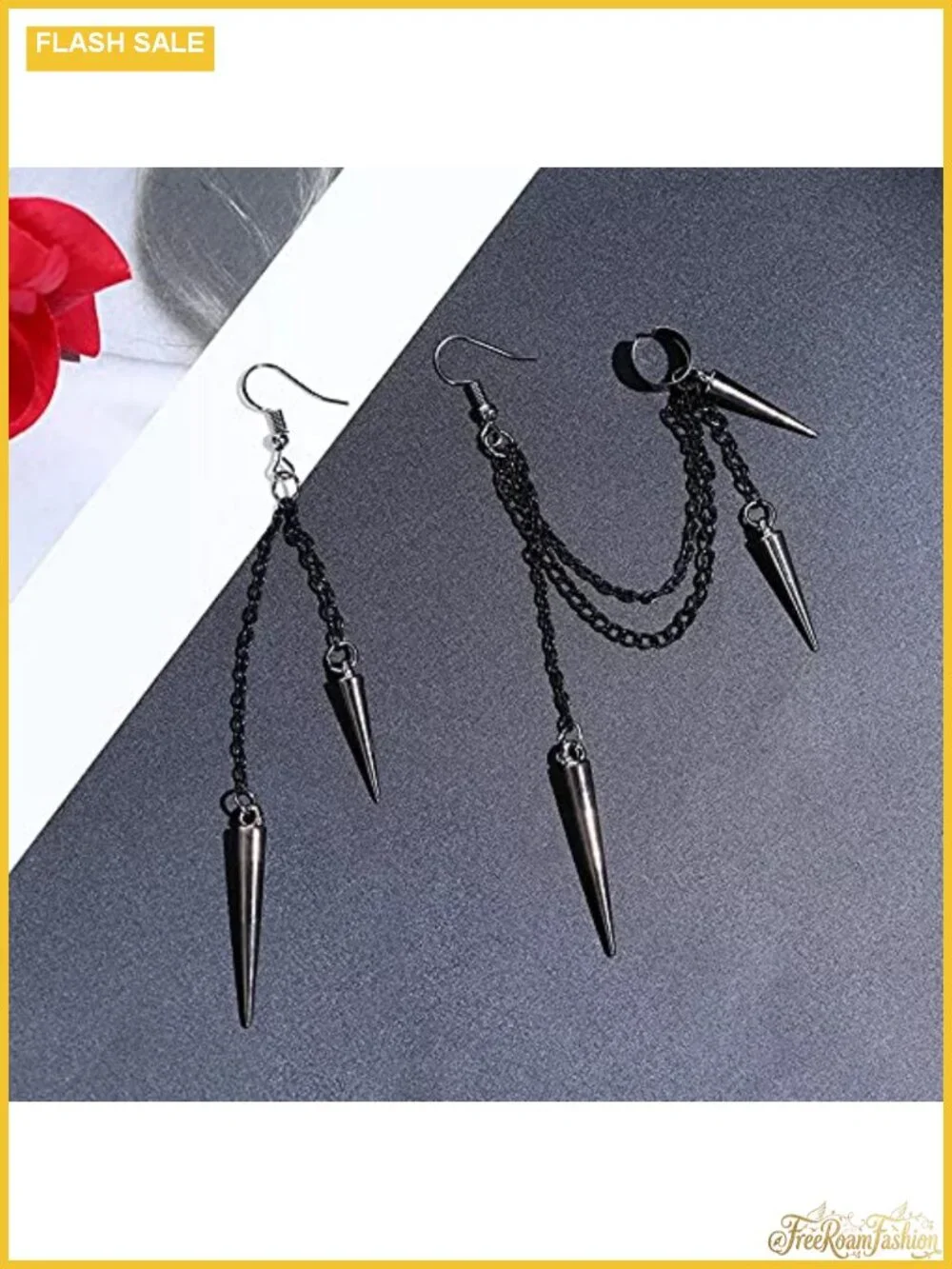 Asymmetric Black Spike Threader Drop Dangle Earrings for Women Men Punk Long